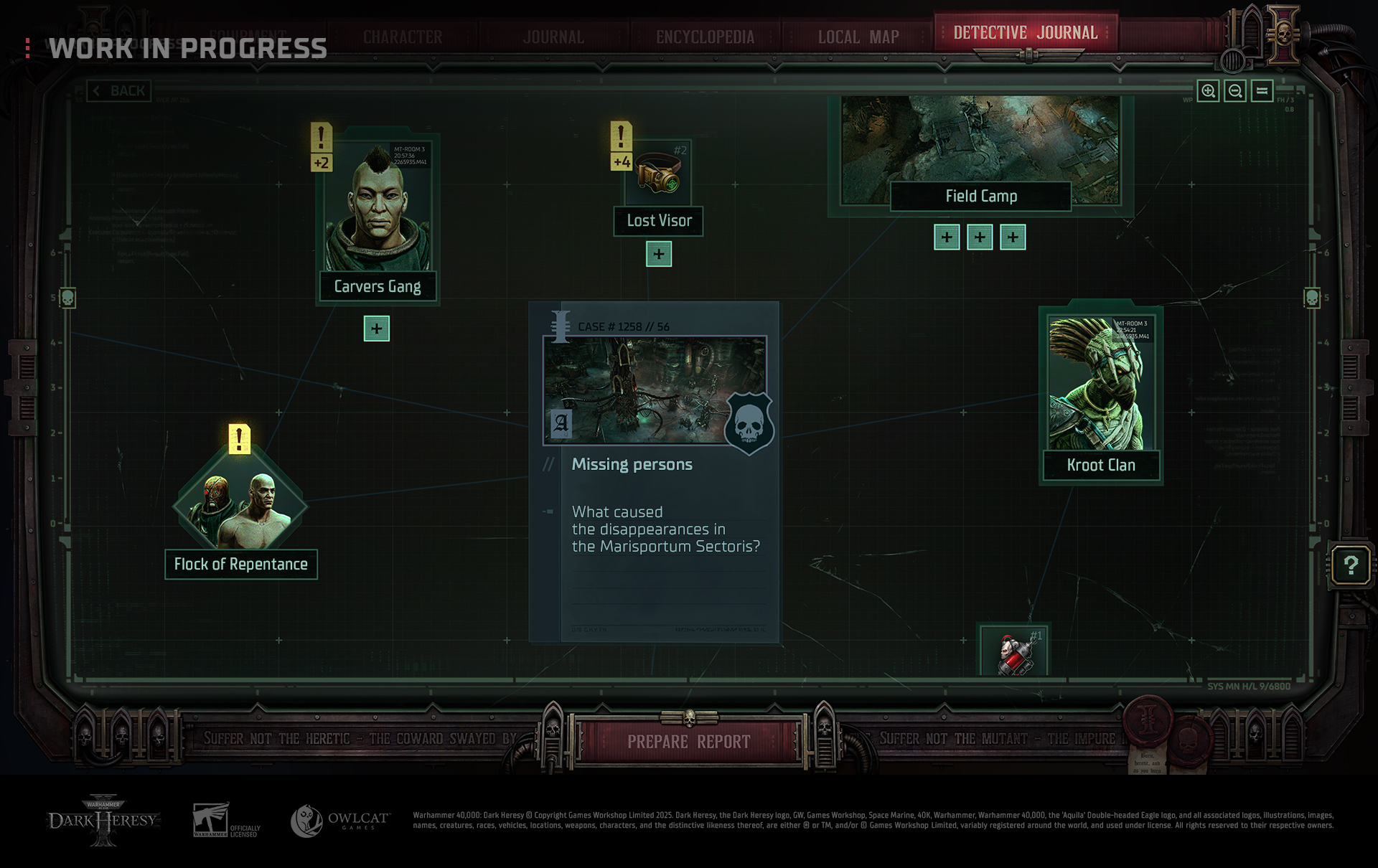 Detective Journal showing a central case and connected information cards
