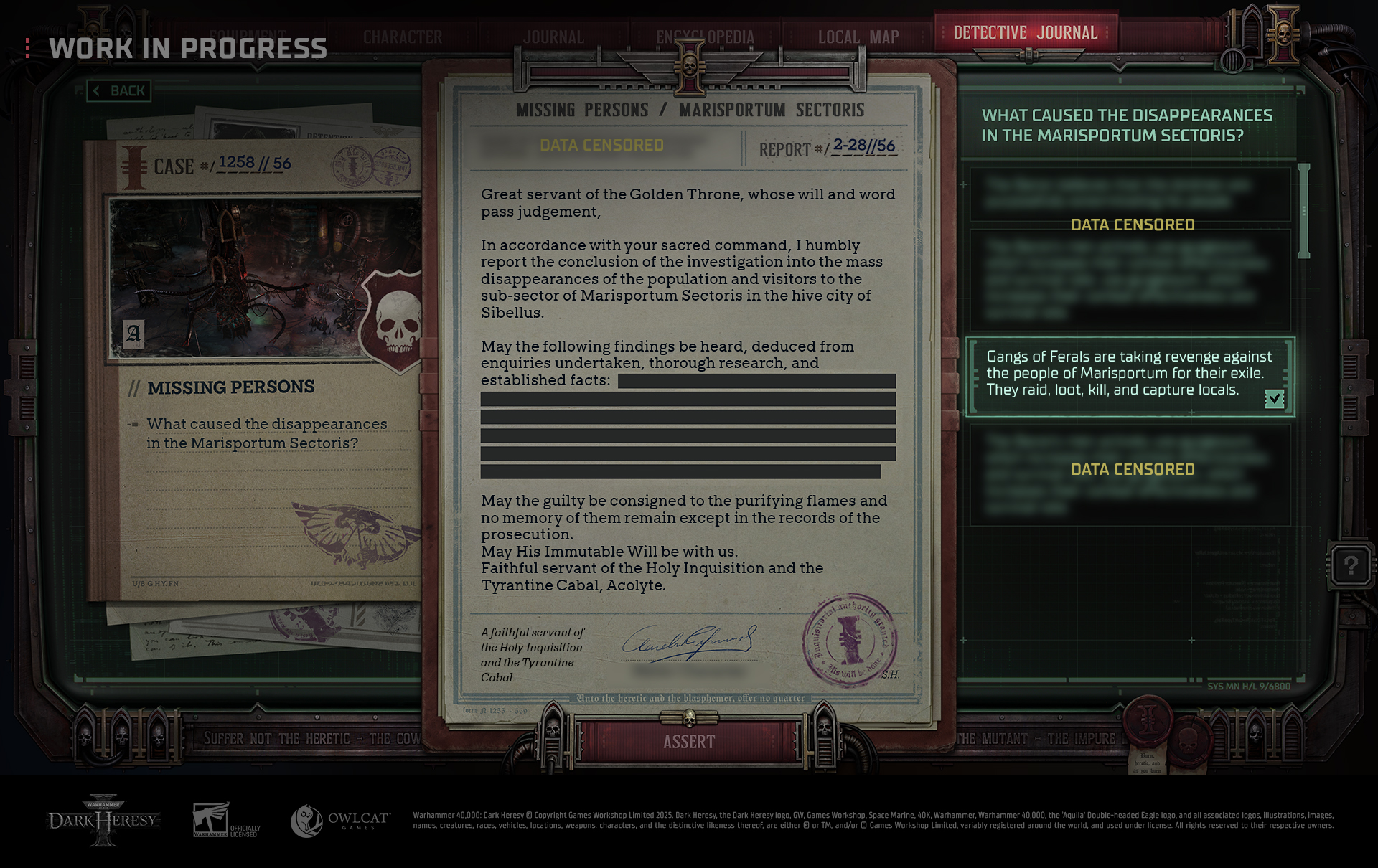 Development interface for preparing an investigation report with a selectable conclusion