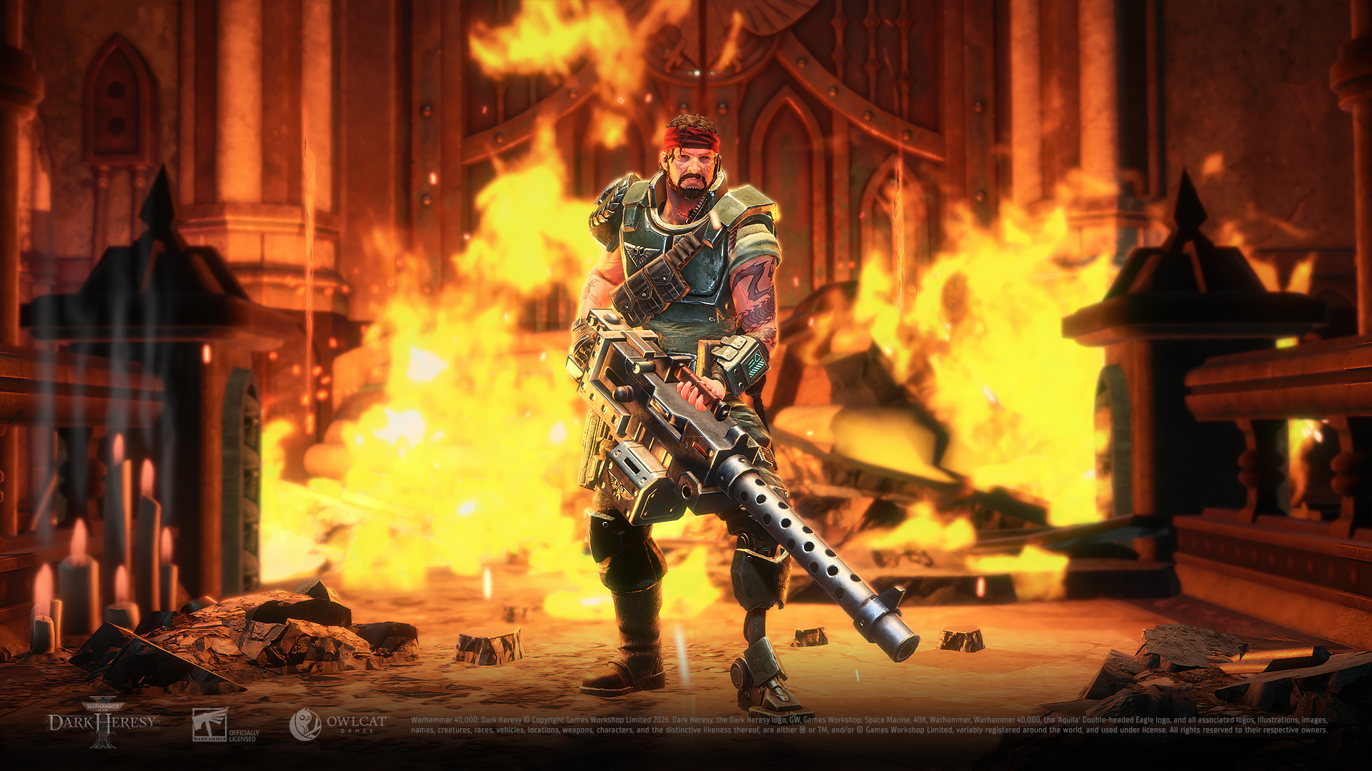 Haymar holding a heavy firearm in front of flames